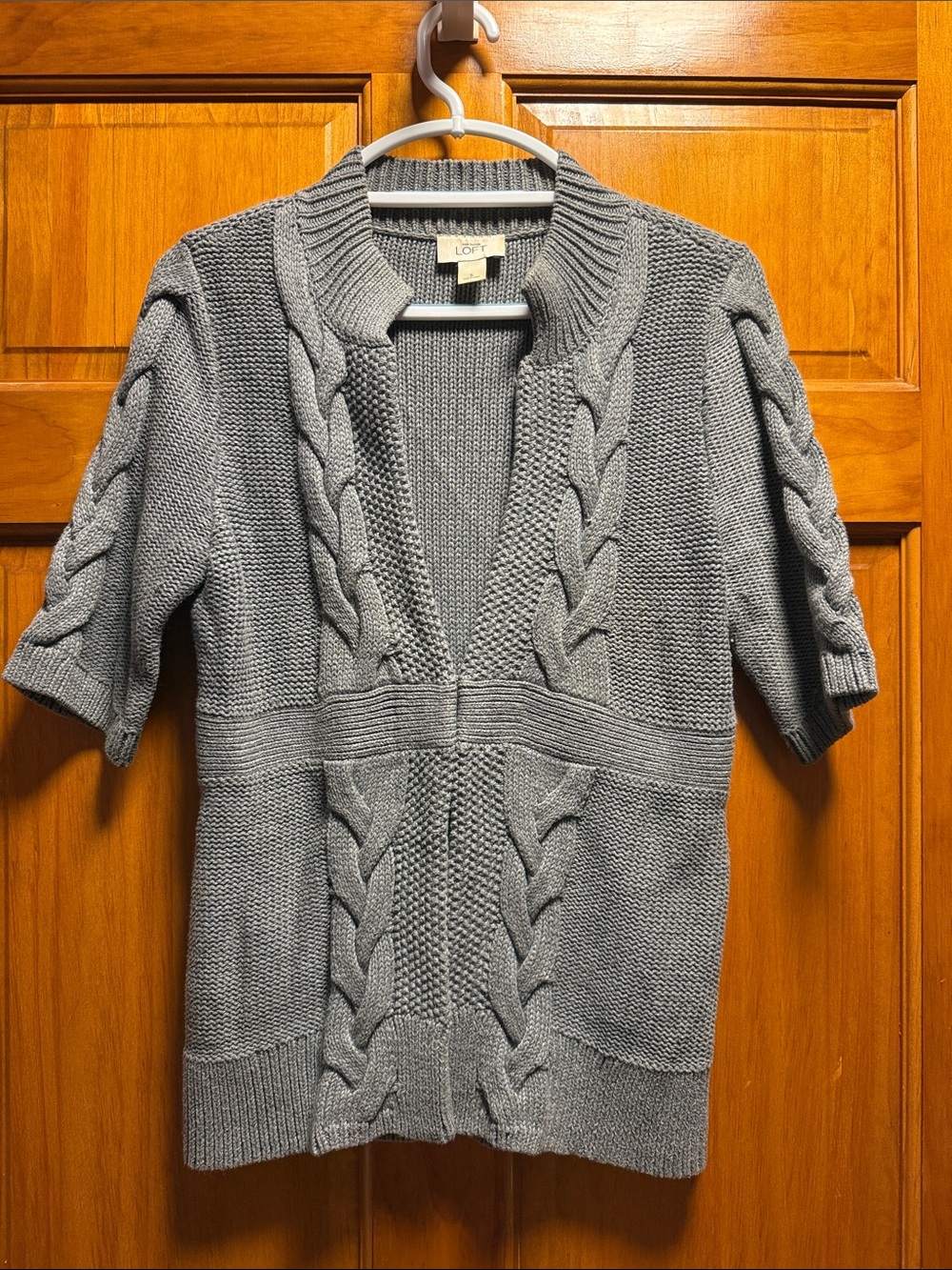 LOFT Gray Cable V-Neck Short Sleeve Sweater